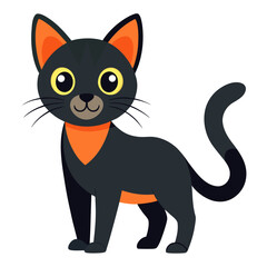 Obraz premium A cute and friendly cartoon black cat with large yellow eyes and a smiling face, wearing an orange bandana. The cat is standing and looking forward.