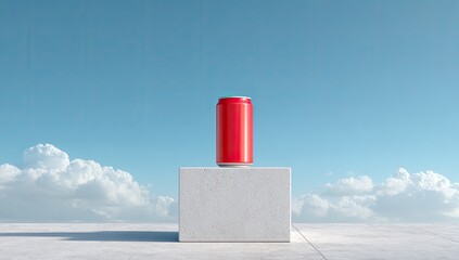 Red can mockup, outdoor, sky, clouds, pedestal, advertising