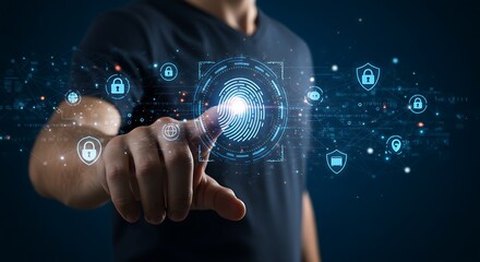 Man touching digital fingerprint biometric security system for access and identification, innovative technology and cybersecurity concept for data protection