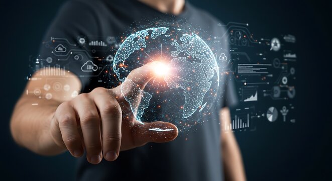 Businessman touching digital interface with earth globe hologram and data charts, representing future technology, innovation, and global communication