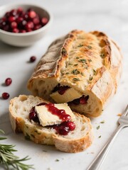 Garlic Herb Sourdough Bread Stuffed with Brie and Cranberry Sauce
