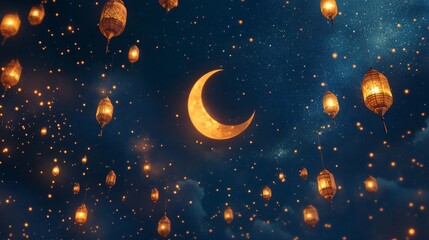 Naklejka premium Peaceful Islamic Night with Crescent Moon
