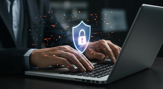 Businessman using laptop with cybersecurity shield and lock for data protection and internet security, ensuring online safety and digital privacy