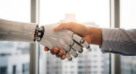 Hyper-realistic close-up of a human hand shaking hands with a humanoid robot with realistic synthetic skin, in a minimalist office with glass windows in the background.