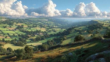 Obraz premium A sun-drenched valley unfolds, showcasing rolling green hills, patchwork fields, stone walls, and scattered farmhouses nestled amongst lush vegetation under a partly cloudy sky