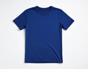 A plain cobalt blue t-shirt, short-sleeved, lies flat against a white background.