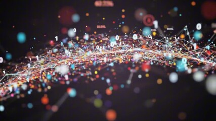 An abstract tech display featuring interconnected nodes digital numbers and percentage figures against a dark backdrop - Powered by Adobe