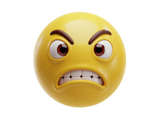 Furious yellow emoji face with gritted teeth and angry eyebrows isolated on transparent background