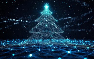 A digital Christmas tree glowing with blue lights.