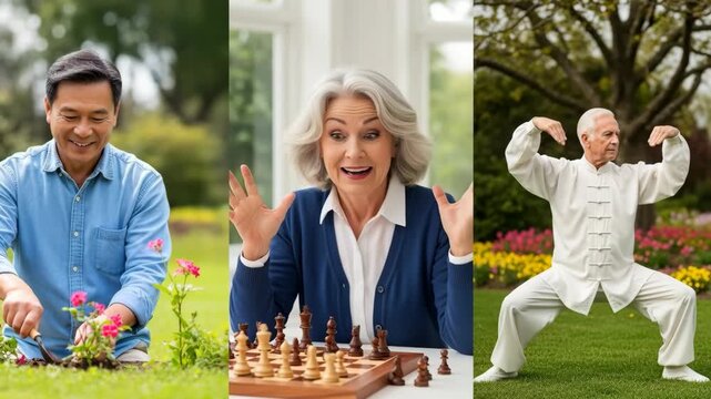 Montage of Seniors with Hobbies and an Active Lifestyle, gardening, chess and tai chi