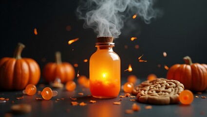 A potion bottle with smoke with pumpkins and cookies on a dark surface for halloween celebration
