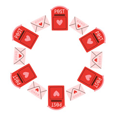 Simple valentines day circle frame. Round love themed border made of different love objects. Pink and red colors happy valentine day hand drawn banner vector isolated on white background.