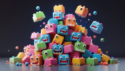 Obraz premium Colorful toy blocks with monster faces in a pile.