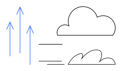 Blue arrows pointing up symbolize growth and direction, with abstract clouds representing progress, flow, and transformation. Ideal for themes of innovation, strategy, development, leadership
