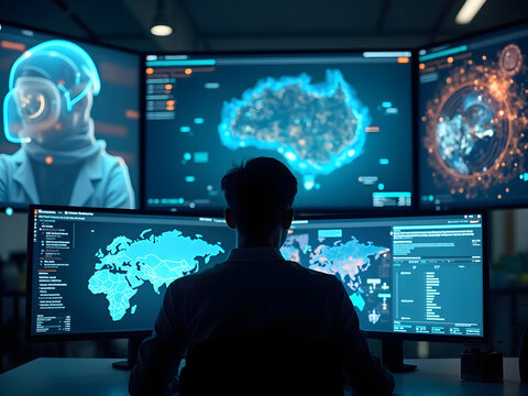 High-Tech Data Center with Multiple Monitors Displaying Global Maps and Digital Graphics for Cybersecurity and IT Operations