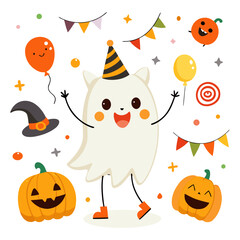 Fototapeta premium A joyful cartoon illustration of a friendly ghost wearing a party hat, surrounded by other Halloween elements like grinning jack-o'-lanterns, balloons, a witch's hat, and colorful bunting.