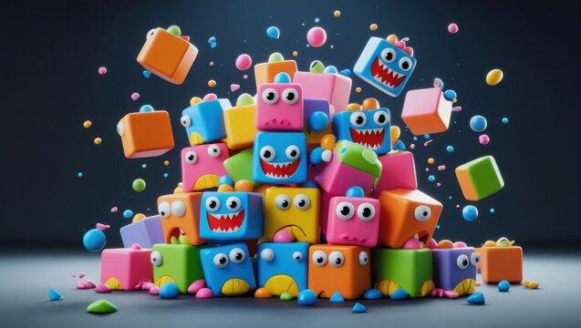 Colorful, cartoonish cubes with monster faces in a playful pile. - Powered by Adobe