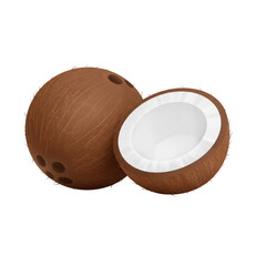 Fresh coconuts whole and halved for tropical fruit juice and healthy food recipes