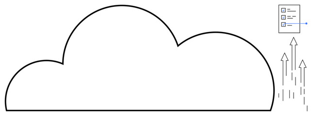 Cloud outline with checklist and arrows representing data upload. Ideal for technology, data storage, cloud computing, digital services, internet, information transfer, simple flat metaphor