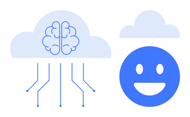Brain in a cloud graphic linked to circuit lines, next to emotion face. Ideal for AI, cloud computing, neural networks, tech integration, emotion analysis, innovation, simple landing page