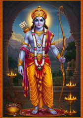 Lord Rama Illustration, Hindu Deity, Religious Art, Divine Archer, Colorful Painting, Arch Frame, Cultural Symbol.