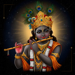 Obraz premium Lord Krishna Playing Flute, Peacock Feather Crown, Indian God, Hindu Deity, Spirituality, Divine, Art.