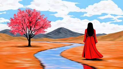 Pixel Art of Figure in Red Robe by River Leading to Mountains with a Vibrant Pink Tree