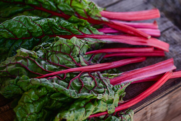 bunch of red Swiss chard green leafy vegetables with red stems 