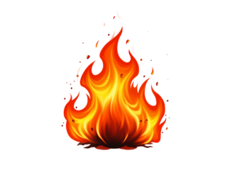 Realistic vibrant orange and yellow flames dancing upwards with glowing embers isolated on transparent background