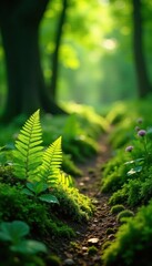 Bright green ferns, delicate moss, sun-dappled trail, evergreen, environment, ferns