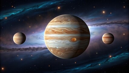 Stunning depiction of Jupiter and its moons set against a vibrant nebula background, perfect for space enthusiasts