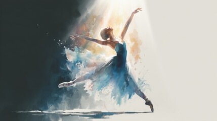 A graceful ballet dancer leaps in a dramatic pose, illuminated by soft light, showcasing elegance and artistry in a watercolor style.