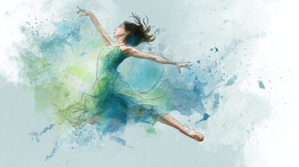 A vibrant watercolor illustration of a dancer in mid-leap, capturing grace and movement with flowing fabrics and splashes of color.