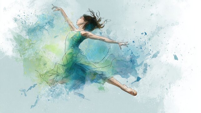 A vibrant watercolor illustration of a dancer in mid-leap, capturing grace and movement with flowing fabrics and splashes of color.