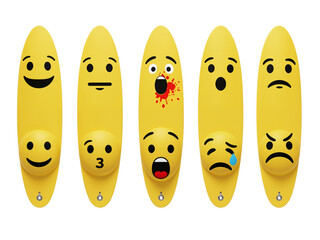 Five yellow bananas with different expressive emoji faces drawn on them isolated on transparent background