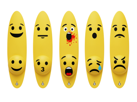 Five yellow bananas with different expressive emoji faces drawn on them isolated on transparent background