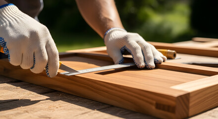 Woodworker's Hands Engaged in Precision Crafting on a Wooden Panel