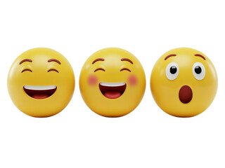 Three expressive yellow emoji faces showing different emotions like joy laughter and surprise isolated on transparent background