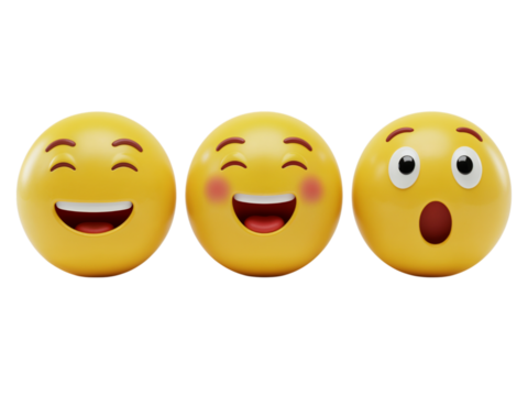 Three expressive yellow emoji faces showing different emotions like joy laughter and surprise isolated on transparent background