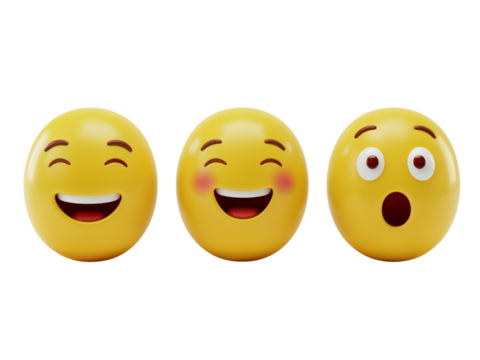 Three yellow oval emoji faces expressing happiness laughter and surprise isolated on transparent background