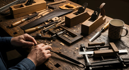 Skilled woodworker's hands crafting with traditional tools on a rustic workbench, highlighting the art of woodworking.