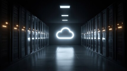 Cloud Server Room Illuminated by Neon Light Showcasing a Cloud Symbol, With Rows of Server Racks Lining the Walls in a Dark Environment