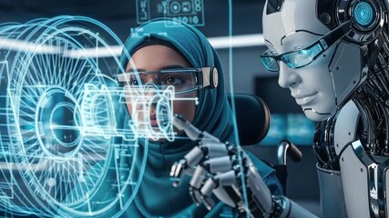 Disabled muslim female engineer in hijab collaborating with AI robot on holographic 3D engine model, empowered woman working with humanoid robot on engine blueprint