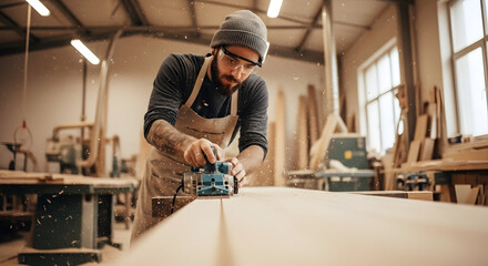 Skilled Woodworker Using an Electric Planer in a Busy Workshop with Sawdust