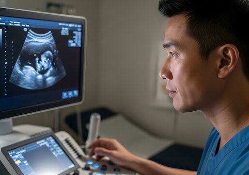 Asian Male Doctor or Sonographer Analyzing Fetal Ultrasound Image on Monitor, Medical Professional Conducting Prenatal Examination in Modern Obstetric Imaging Room
