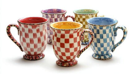 Colorful checkered ceramic mugs with unique patterns