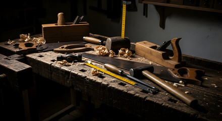 Essential Woodworker's Tools on a Vintage Workshop Bench
