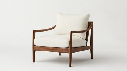 Elegant wooden armchair with white cushions on minimalist background