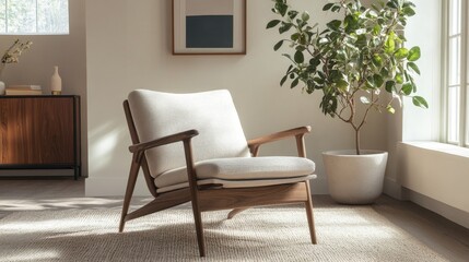 Cozy scandinavian living room with mid-century modern chair and potted plant by sunlit window
