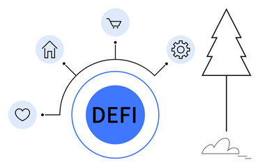 Blue circle labeled DEFI linked to icons of heart, house, cart, gear, and tree. Ideal for fintech, blockchain, innovation economy sustainability digital finance global connection. Simple flat